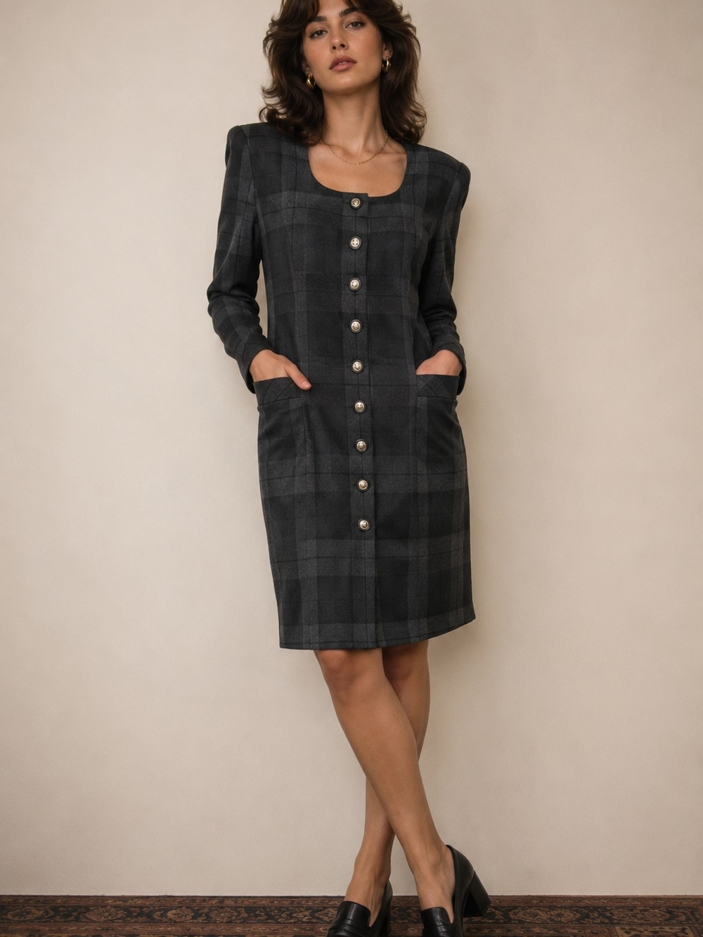 Vintage Express Charcoal Plaid Button Front Midi Dress with Shoulder Pads